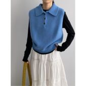 曼蒂早春复古翻领无袖 背心女温柔气质叠穿百搭休闲马甲上衣日系