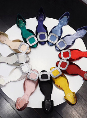 2026RV女鞋高跟百搭凉鞋绸缎金属方扣浅口学生平底包跟真丝材质