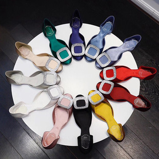 2026RV女鞋高跟百搭凉鞋绸缎金属方扣浅口学生平底包跟真丝材质