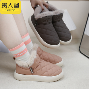 贵人鲨棉鞋女包跟冬季居家外穿加厚毛绒高帮保暖防水PU情侣实心底