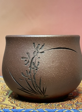 宜兴精品紫砂老紫泥主人杯禅定杯全手工刻绘兰花60cc