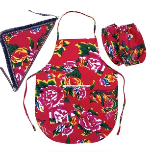 东北大花围裙民族风纯棉土布花围裙套装 农家乐幼儿园红色演出围腰