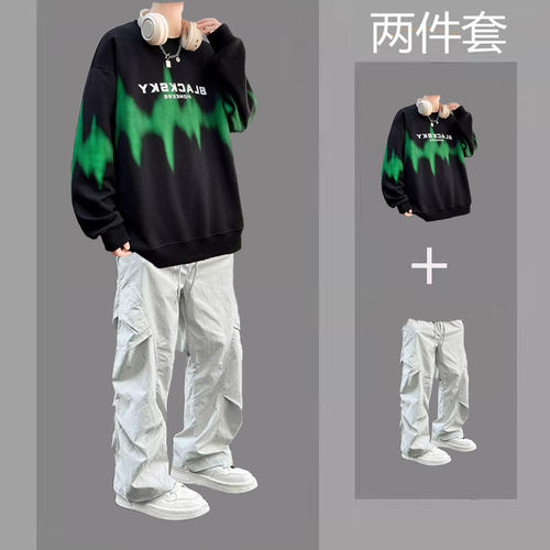 fromwrting 春秋季卫衣套装男2026新款美式复古学生圆领上衣宽松