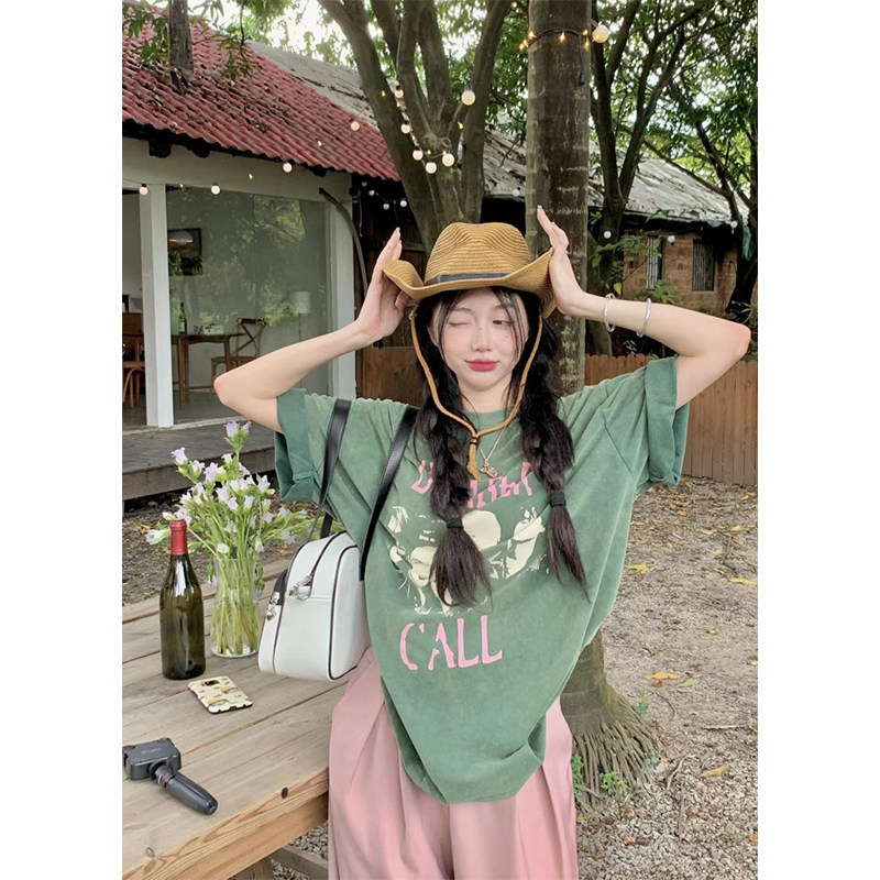 fromwrting 2024夏季新款美式拉架棉复古绿色印花中长款短袖T恤女
