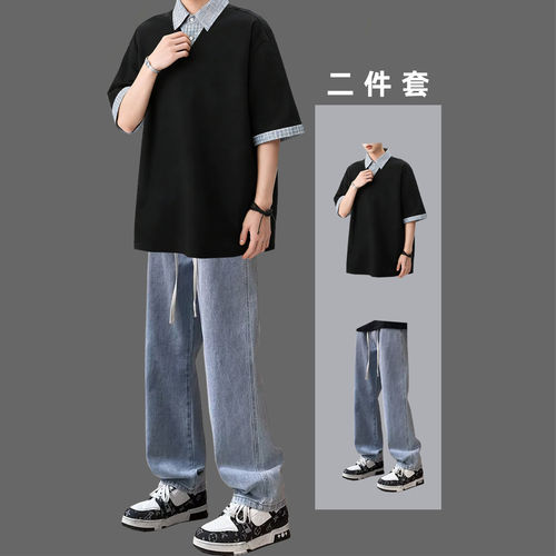 fromwrting 青少年一套搭配假两件短袖POLO衫套装男夏季帅气潮牌