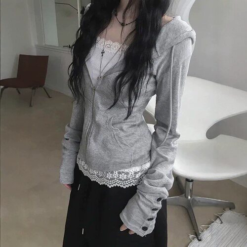 现货韩系连帽拉链开衫卫衣女春秋甜辣风叠穿蕾丝花边吊带上衣ins