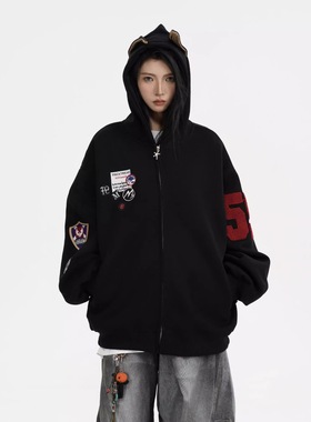 In Gemini Code美式复古字母刺绣连帽杜宾男女宽松休闲外套迷彩