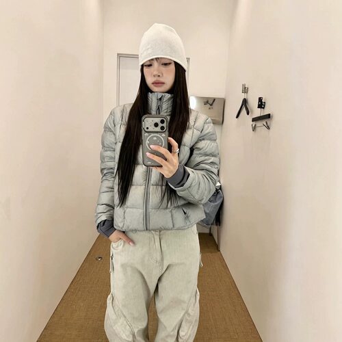 韩系方格立领连帽90绒排骨羽绒服马甲女冬季气质保暖外套男女情侣