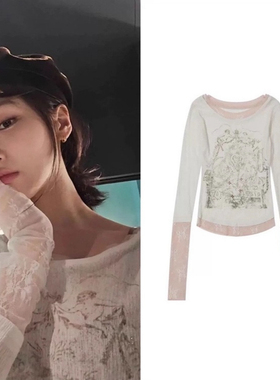 现货 金采源直井怜同款sculptor烫钻褶皱数码印花蕾丝拼接长袖T恤