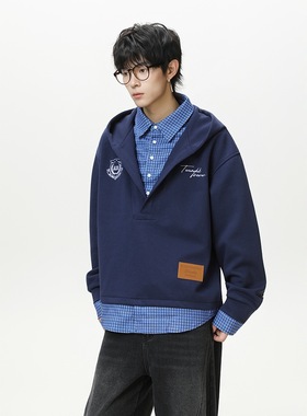 In Gemini Code美式复古假两件连帽卫衣男女宽松休闲百搭上衣外套