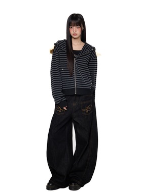 In Gemini Code 美式复古条纹毛领连帽卫衣女宽松拉链外套设计感