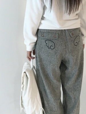 现货韩系aeae竖条纹翅膀刺绣宽松直筒长裤腰头拼接抽绳休闲裤ins