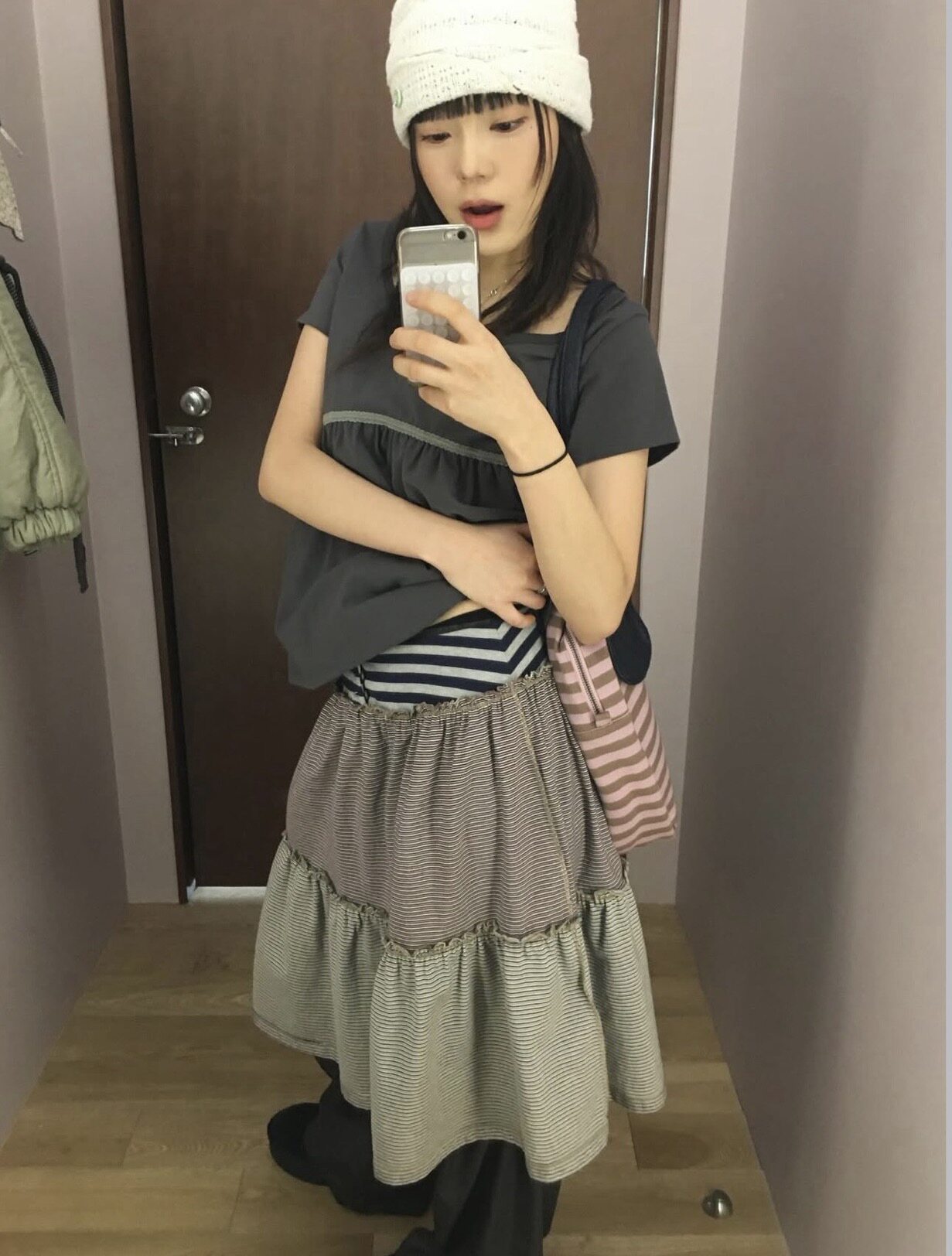现货金采炫同款coyseio彩色条纹拼接半身裙春季女褶皱木耳边A字裙