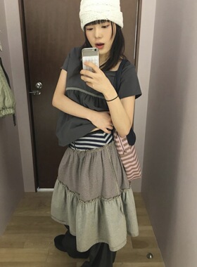 现货金采炫同款coyseio彩色条纹拼接半身裙春季女褶皱木耳边A字裙