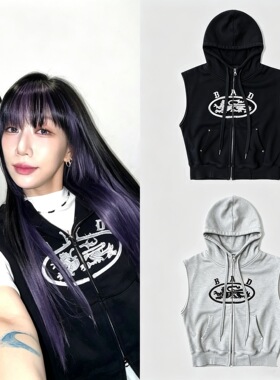 badalee同款现货badblood美式复古做旧字母印花连帽马甲背心男女