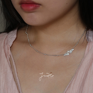 JWOOCO手工飞蛾原创设计999足银淡水珍珠简约精致纯银项链