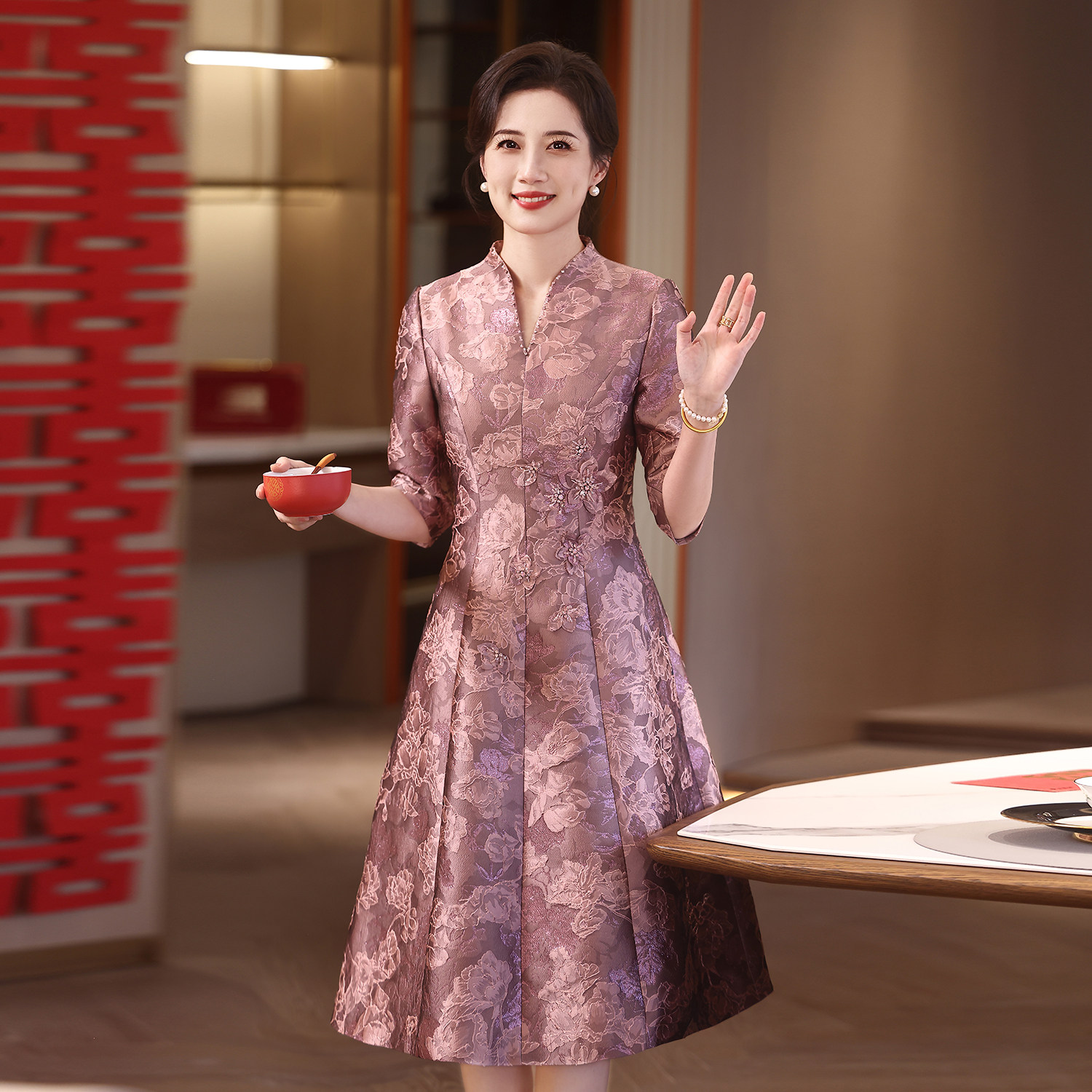 春秋款改良旗袍礼服中年喜婆婆喜妈妈婚宴装高档洋气显瘦连衣裙女