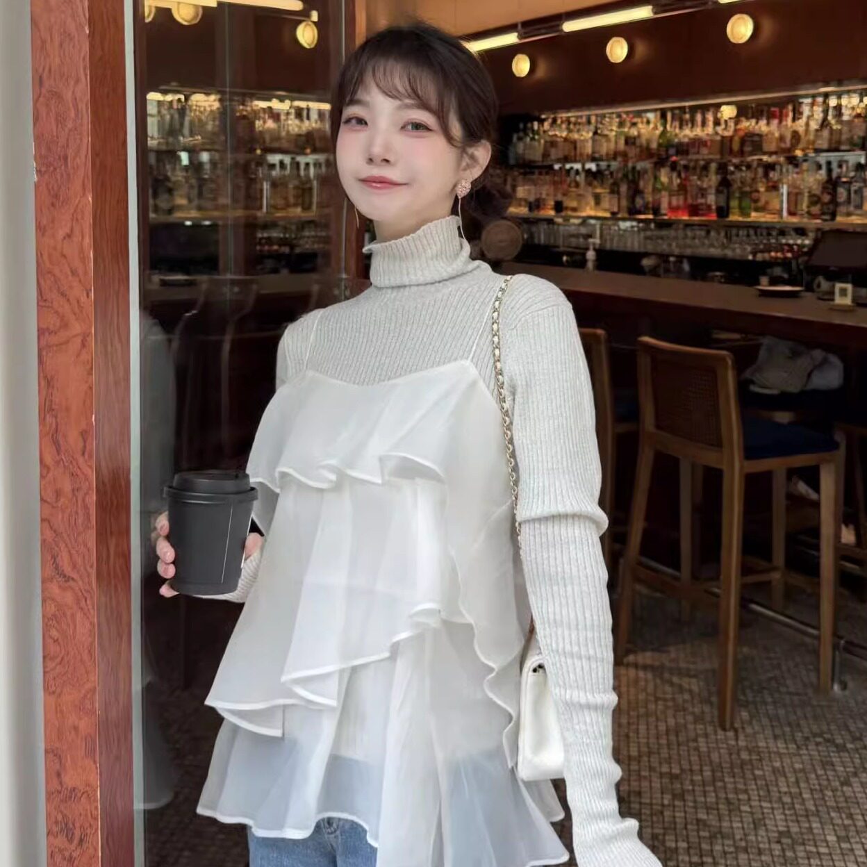 哚琦琦 S家日系甜美荷叶边吊带高领针织衫两件套