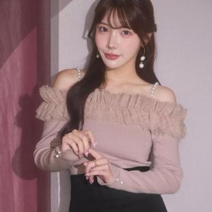 哚琦琦| 日单甜美系荷叶边针织一字肩毛衣