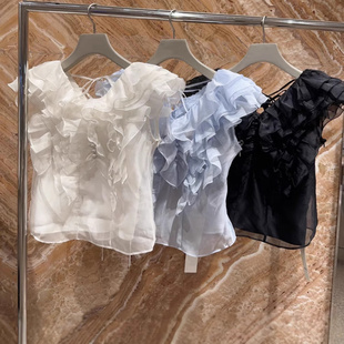 哚琦琦  日系新款木耳边荷叶边V领仙仙的欧根纱上衣