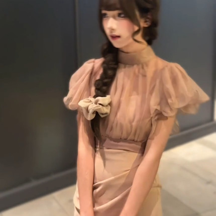 哚琦琦 日系纸片人气质修身显瘦名媛短袖连衣裙两件套