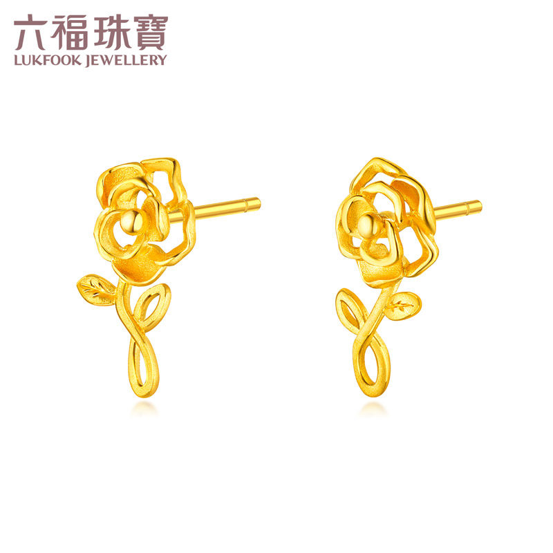 六福珠宝玫瑰花朵黄金耳钉耳环女新款足金耳饰时尚计价HXGTBE0019