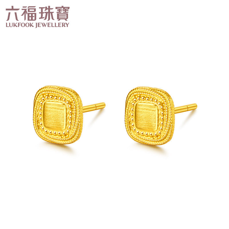 六福珠宝方形黄金耳钉耳环女款拉丝足金耳饰复古计价F95TBGE0011
