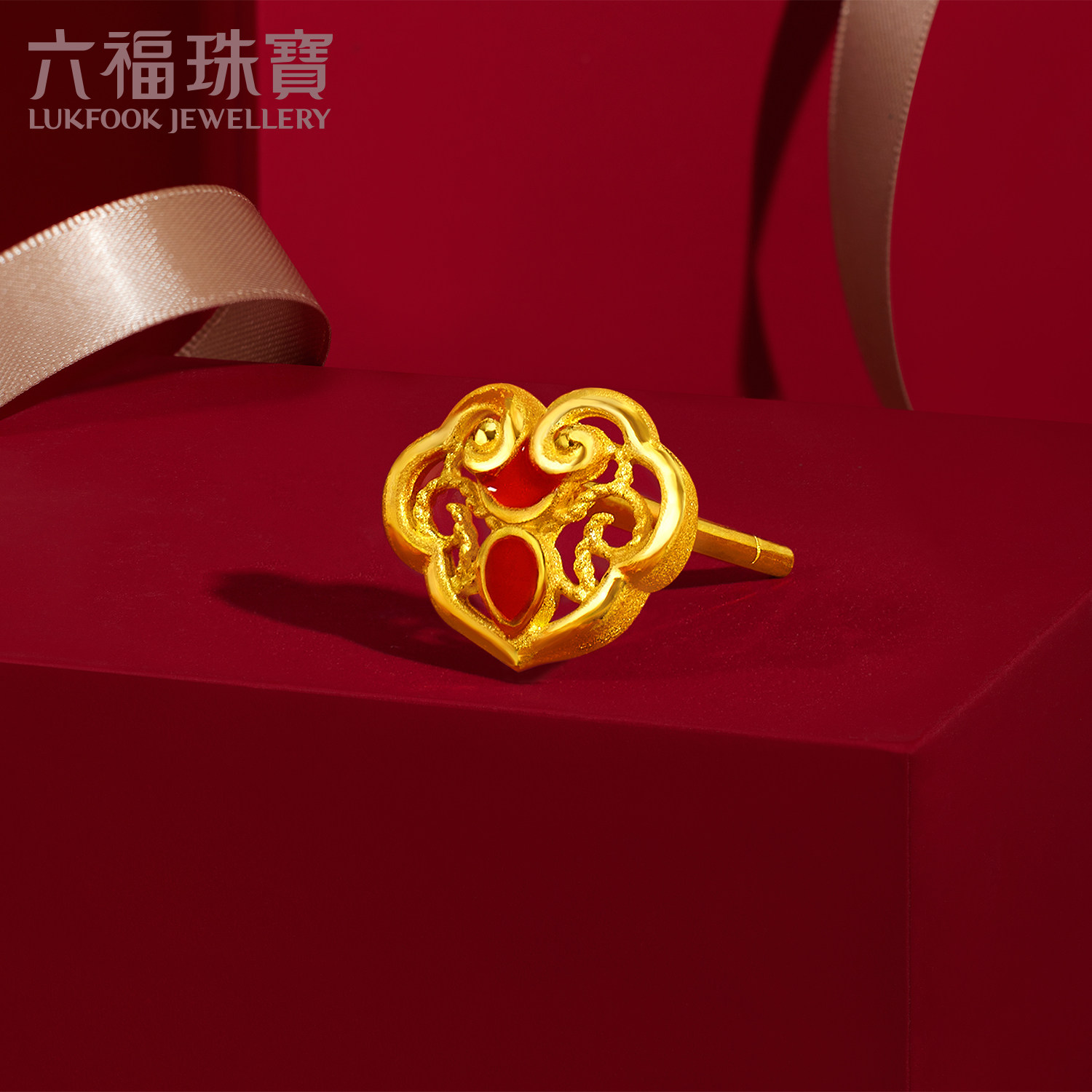 六福珠宝福如意黄金耳钉珐琅工艺足金耳环单只送礼计价GDGTBE0041