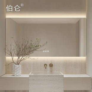 梳妆镜 奶油风智能浴室镜卫生间LED直角发光镜子顶墙洗漱台挂墙式