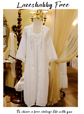 新款法式复古白色纯棉绣花蕾丝长款睡裙睡袍晨袍家居服两件套