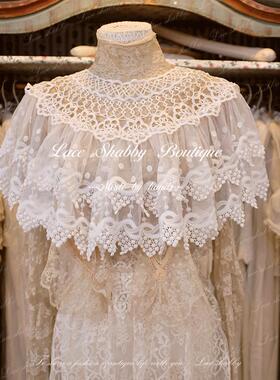 LACESHABBY手工定制vintage古法钩花白色蕾丝衫防晒披肩流苏斗篷