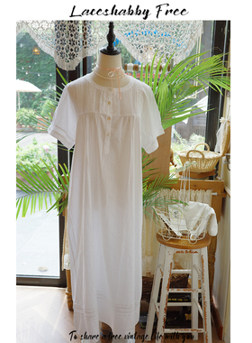 伊丝莎贝新款法式复古白色纯棉蕾丝vintage短袖睡衣睡裙家居服