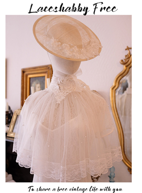 LACESHABBY新款法式复古手工珍珠百褶白色蕾丝礼服纯色披肩斗篷女