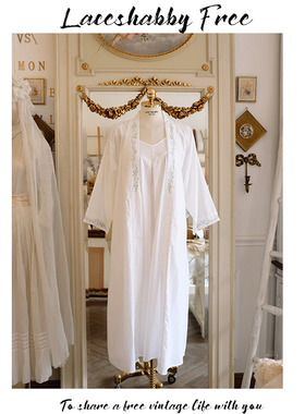 LACESHABBY新款复古马德拉刺绣蕾丝白色纯棉晨袍睡裙家居服两件套