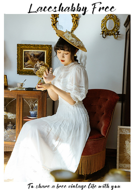 LACESHABBY新款vintage爱德华古董连衣裙复古蕾丝白色纯棉长裙子