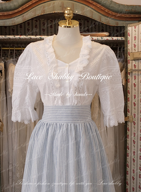 法式浪漫！新款vintage手工蕾丝白色纯棉中古蕾丝衫衬衫上衣古着