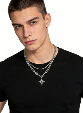 原创钛钢双层星星项链男女款