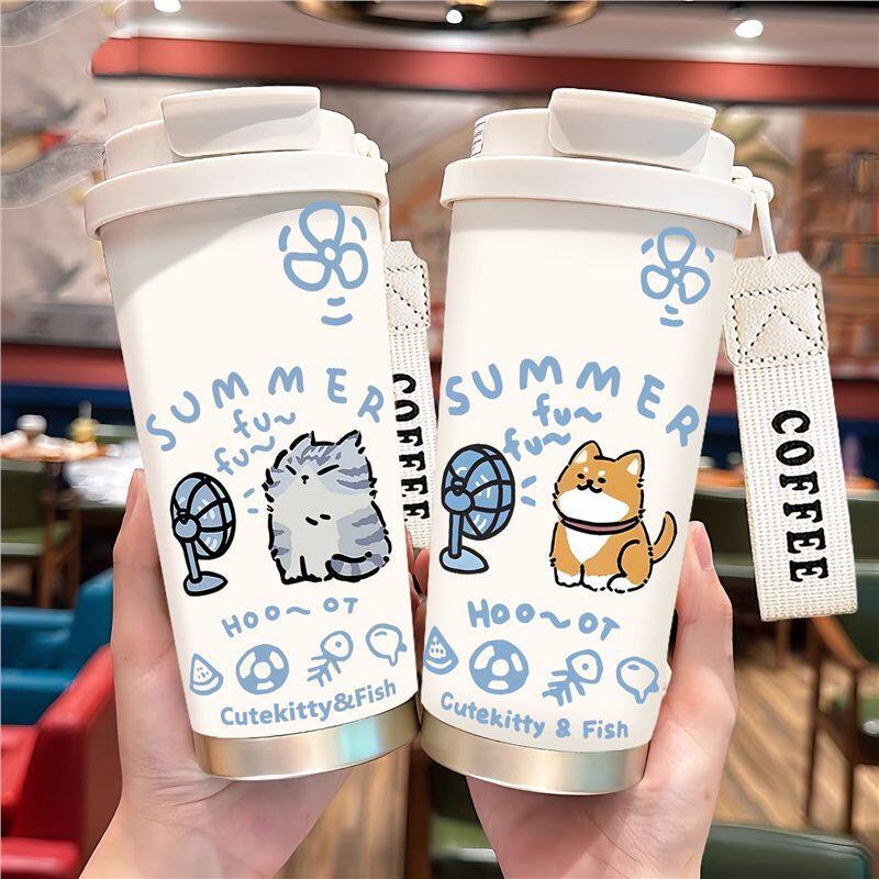 风扇猫猫保温杯吸管大容量女生水杯咖啡杯子情侣双饮口高颜值