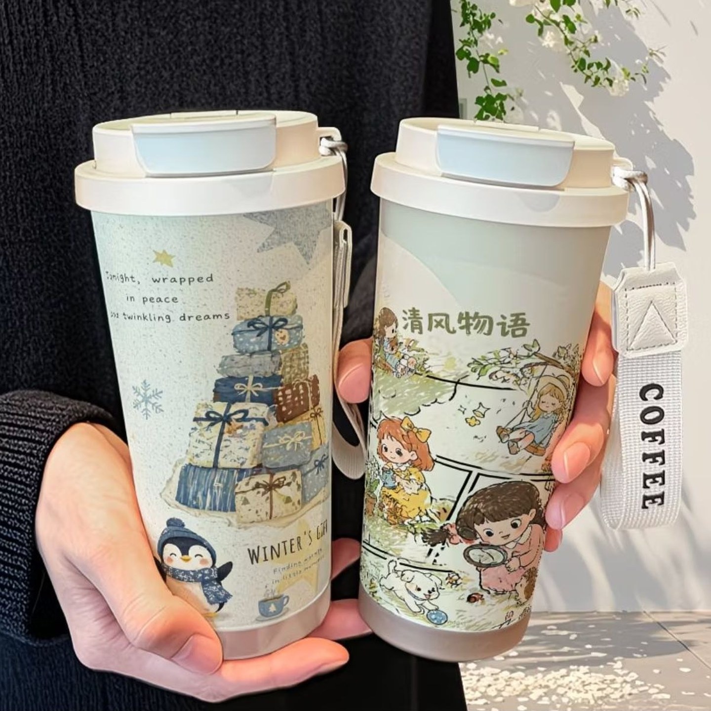 可爱企鹅女孩手绘保温杯