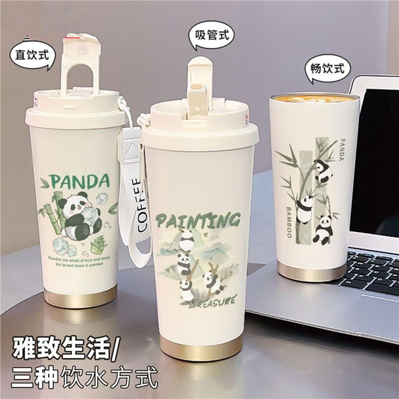 保温吸管水杯女大容量高颜值外带杯不锈钢保冷双饮口咖啡杯子