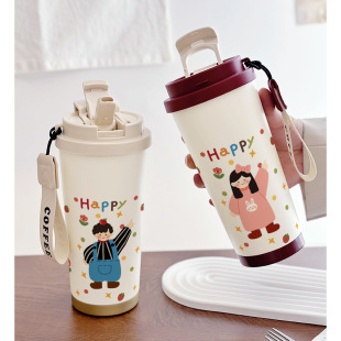 快乐情侣水杯女生礼物保温杯一对杯子男生高级感伴手礼吸管咖啡杯