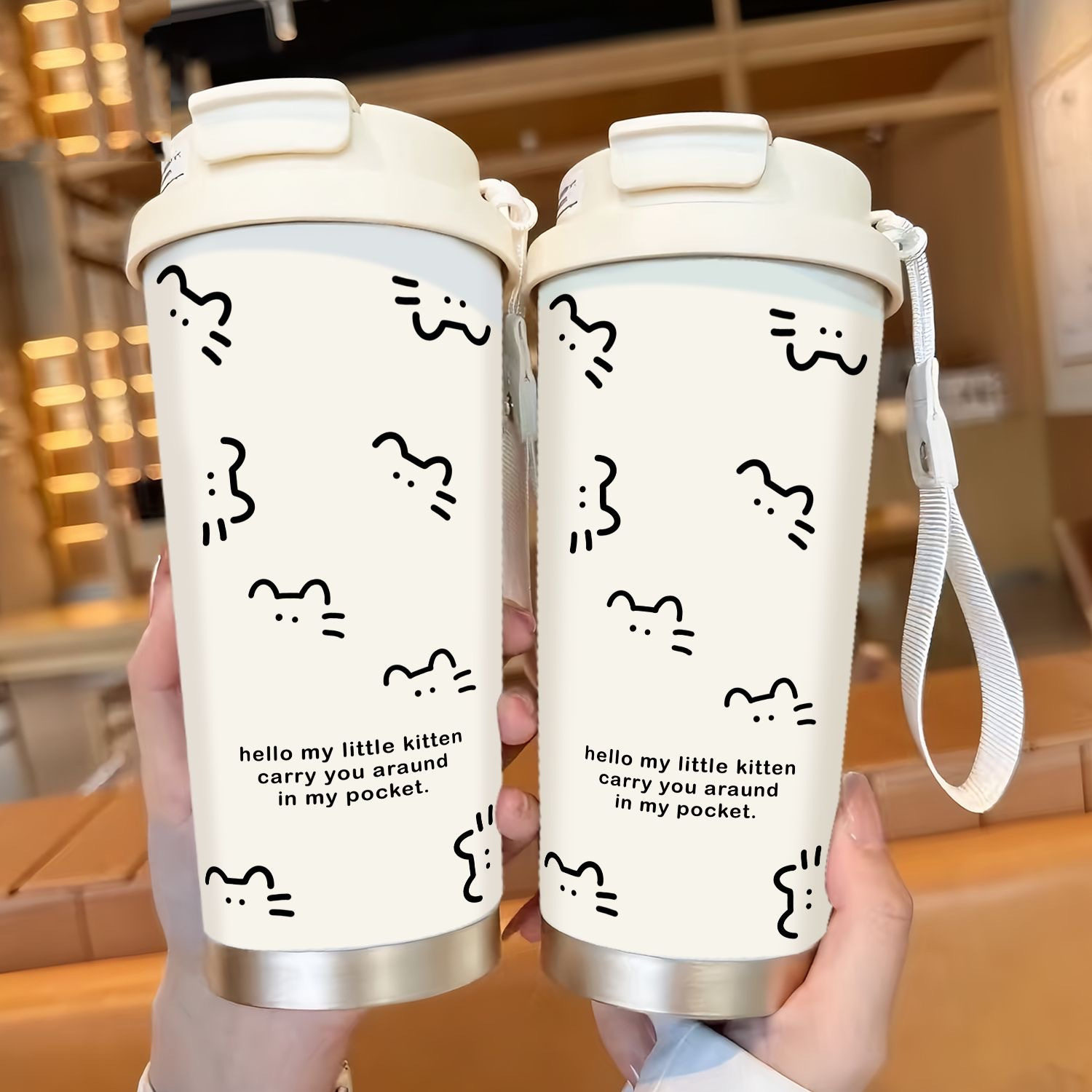 简约线条猫咪保温杯吸管大容量水杯咖啡杯子新款双饮口高颜值