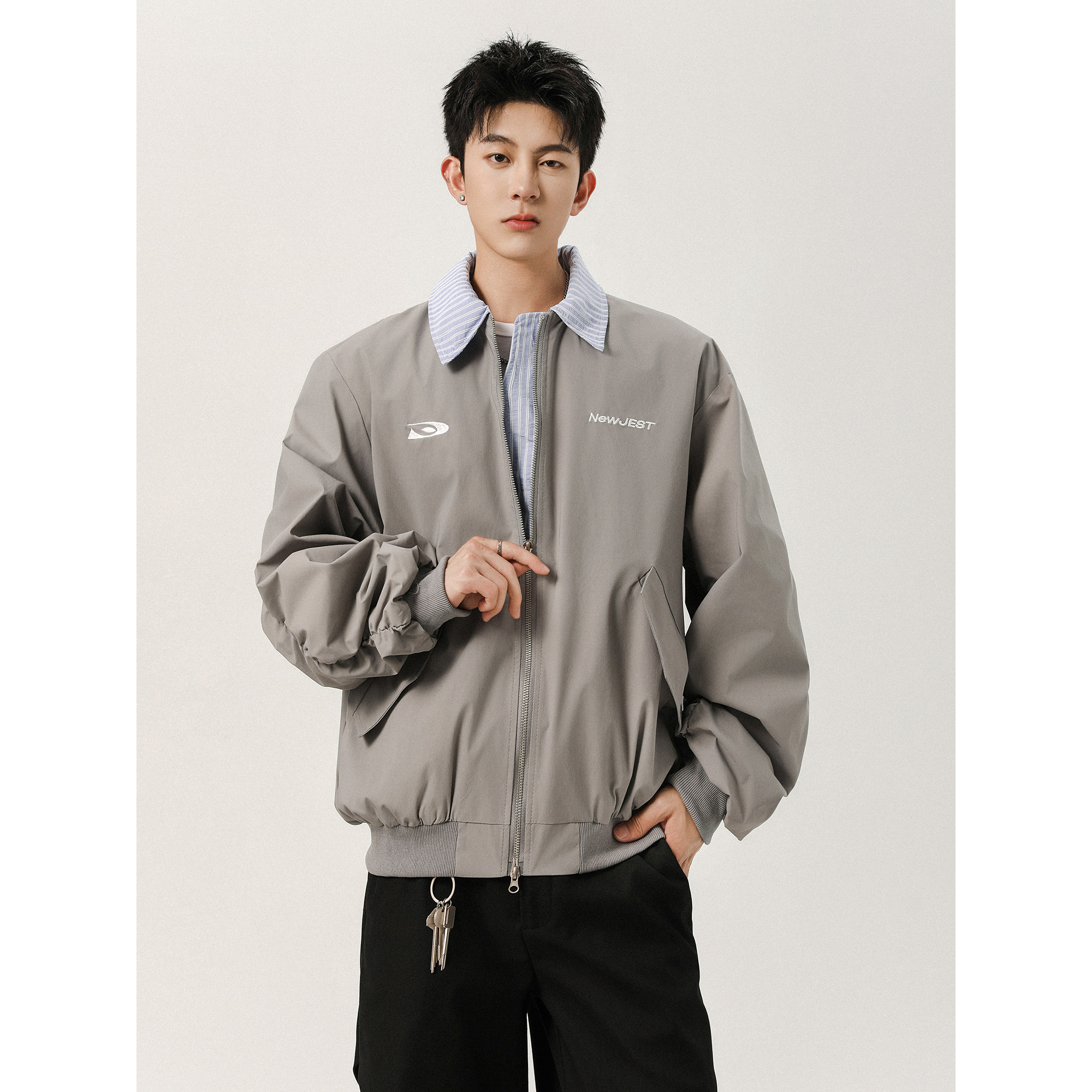 假两件夹克高级感外套男女秋冬季潮流休闲复古翻领条纹拼接棒球服