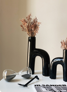 Homeside黑色h型花瓶北欧极简不规则字母陶瓷花器异形装饰摆件