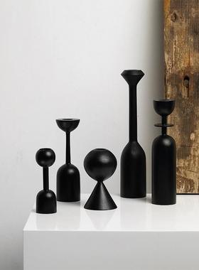 Homeside实木烛台北欧极简几何黑色烛托榉木异形蜡烛艺术摆件套组