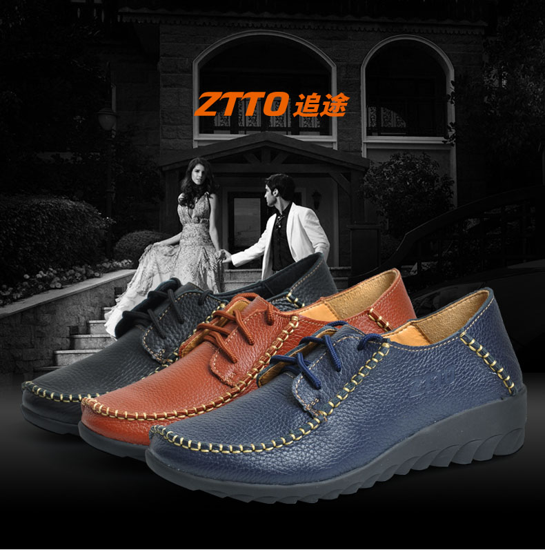 ZTTO追途头层牛皮春秋低跟日常女士系带真皮休闲女款断码特价处理