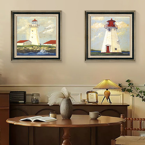 美式复古建筑灯塔儿童房装饰画