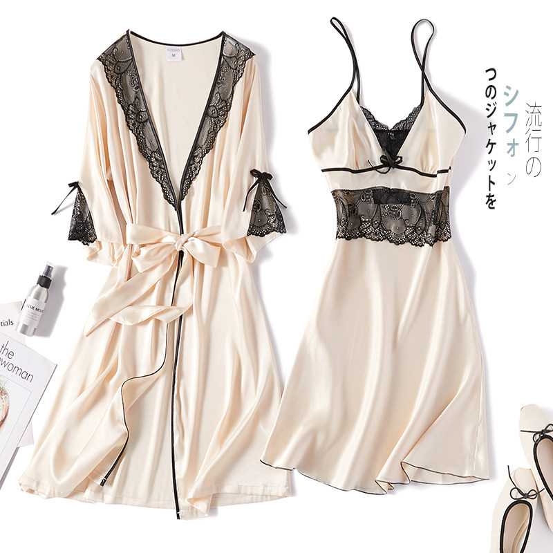 睡衣女夏季性感冰丝吊带睡衣两件套短袖蕾丝大码薄款睡裙丝绸睡袍