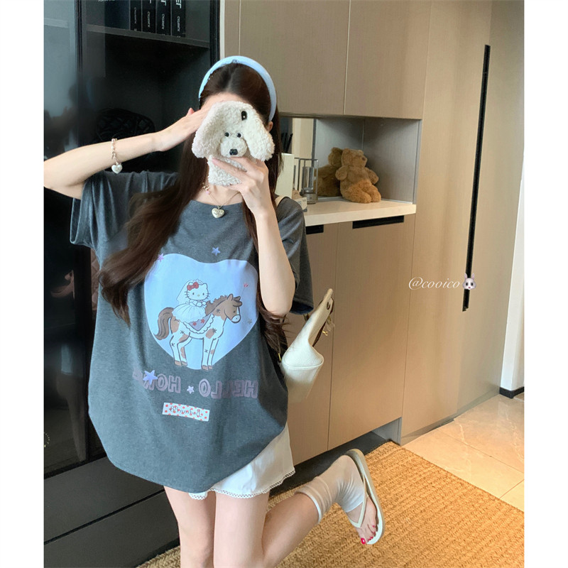 2026夏季新款大码胖妹妹设计感卡通爱心腮红婚纱木马短袖宽松t恤