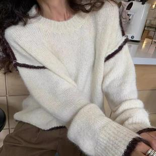 大码 设计感不规则撞色休闲毛衣女秋冬新款 胖妹妹慵懒风显瘦针织衫